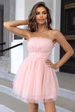 Pink Strapless A Line Tulle Short Ball Dress
