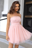 Pink Strapless A Line Tulle Short Ball Dress