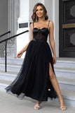 Black Spaghetti Straps A Line Tulle Open Back Long Ball Dress