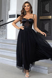 Black Spaghetti Straps A Line Tulle Open Back Long Ball Dress