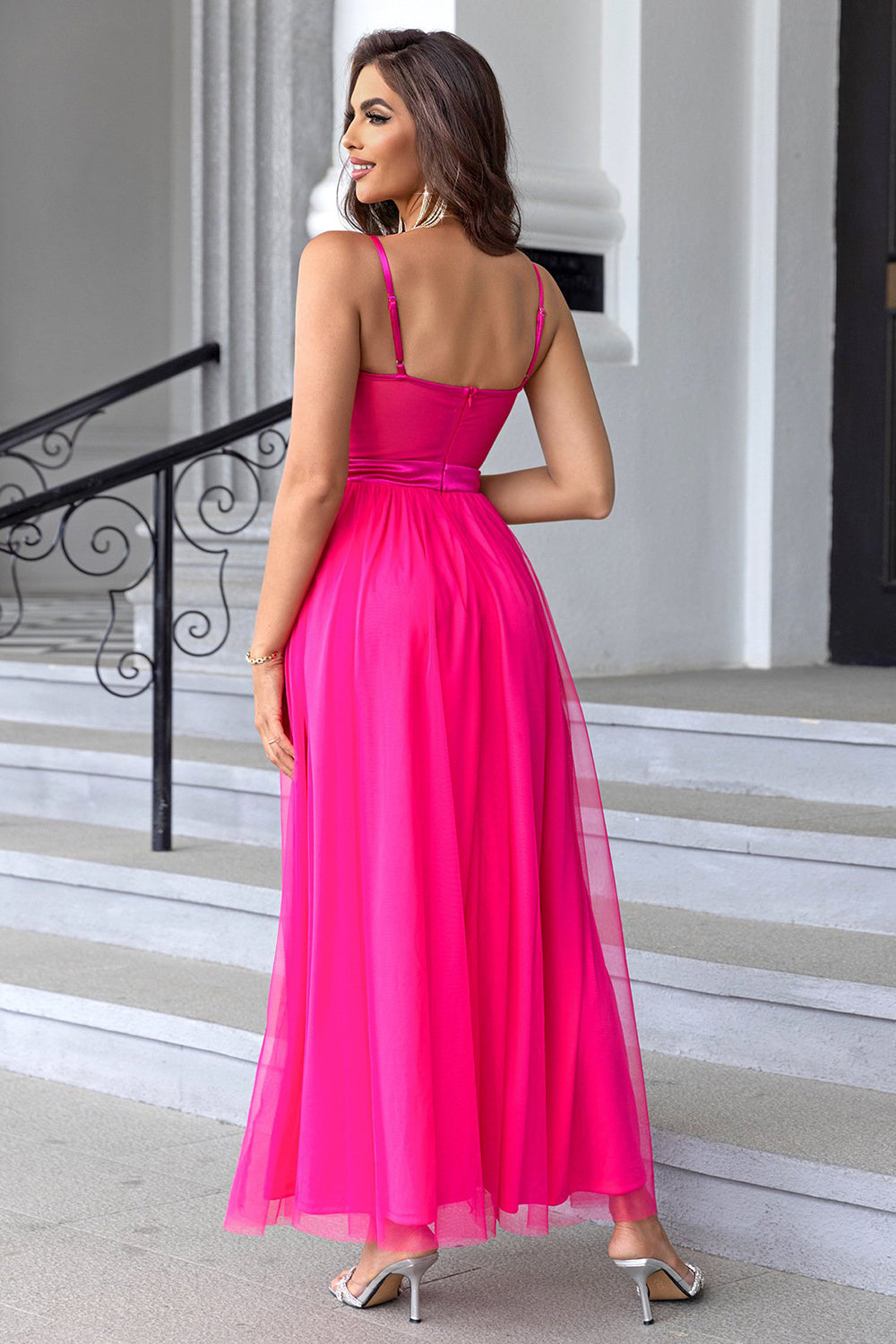 Black Spaghetti Straps A Line Tulle Open Back Long Ball Dress