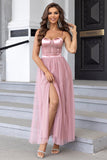 Black Spaghetti Straps A Line Tulle Open Back Long Ball Dress