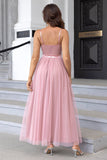 Black Spaghetti Straps A Line Tulle Open Back Long Ball Dress