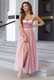 Black Spaghetti Straps A Line Tulle Open Back Long Ball Dress