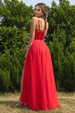 Black Spaghetti Straps A Line Tulle Open Back Long Ball Dress