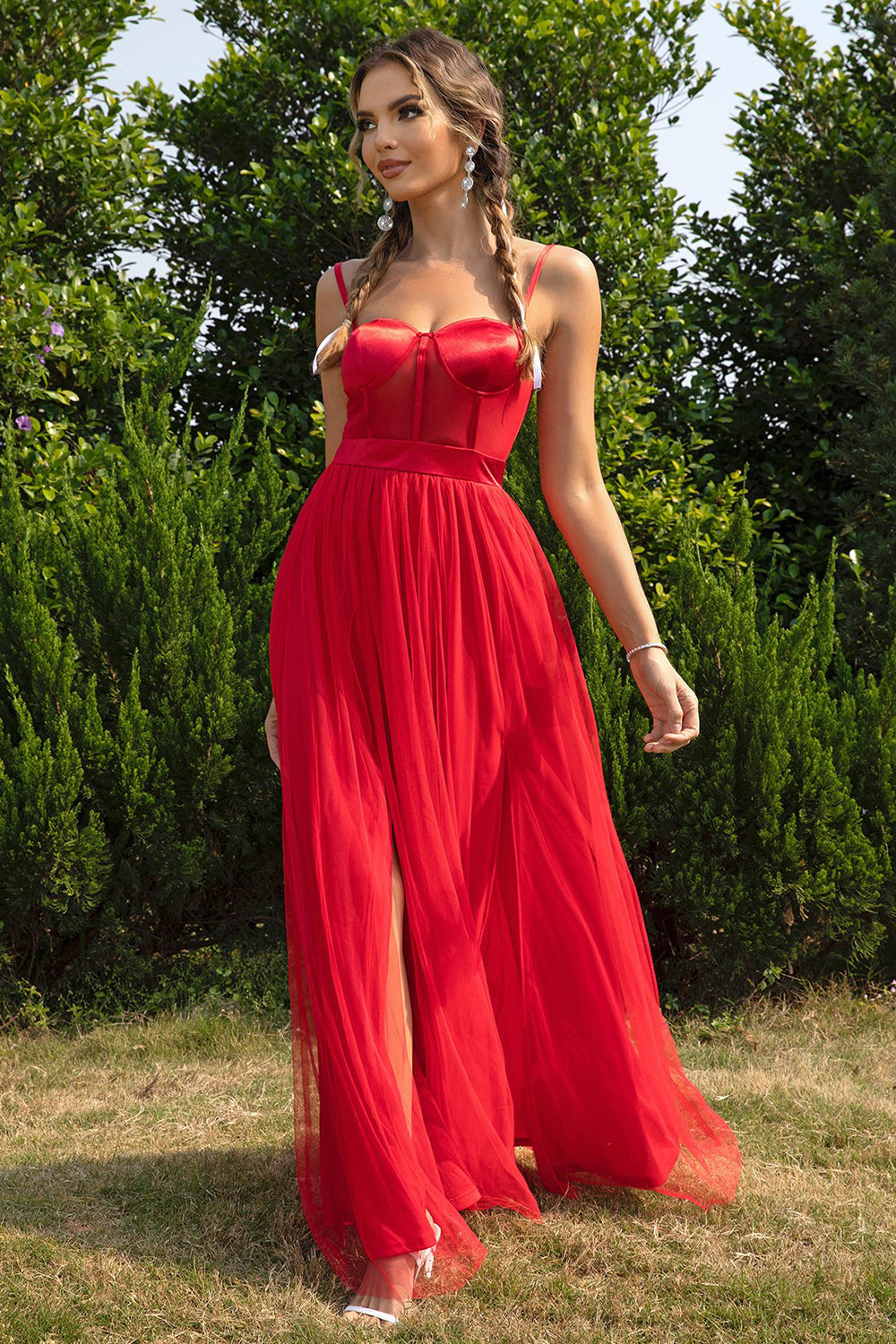 Black Spaghetti Straps A Line Tulle Open Back Long Ball Dress