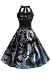 A Line Halloween Printed Halter Blue Vintage Dress