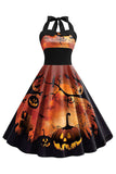 A Line Halloween Printed Halter Blue Vintage Dress