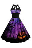 A Line Halloween Printed Halter Blue Vintage Dress