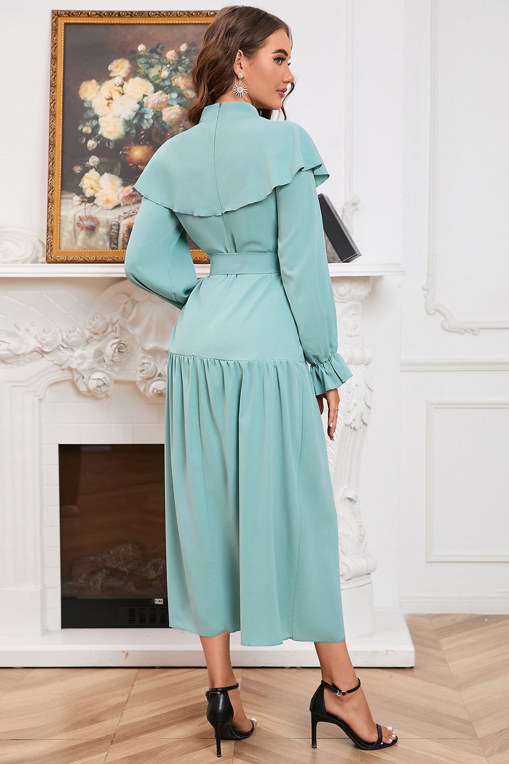 Green A Line Long Sleeves Casual Dress With Belt