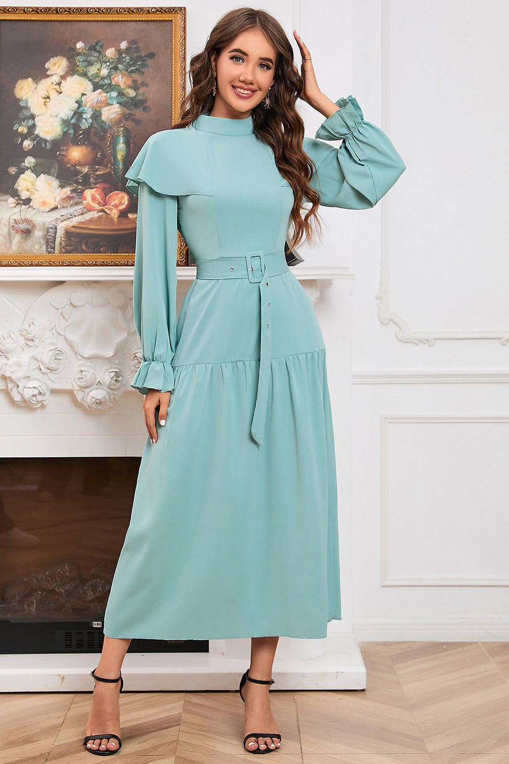 Green A Line Long Sleeves Casual Dress With Belt