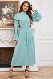 Green A Line Long Sleeves Casual Dress With Belt