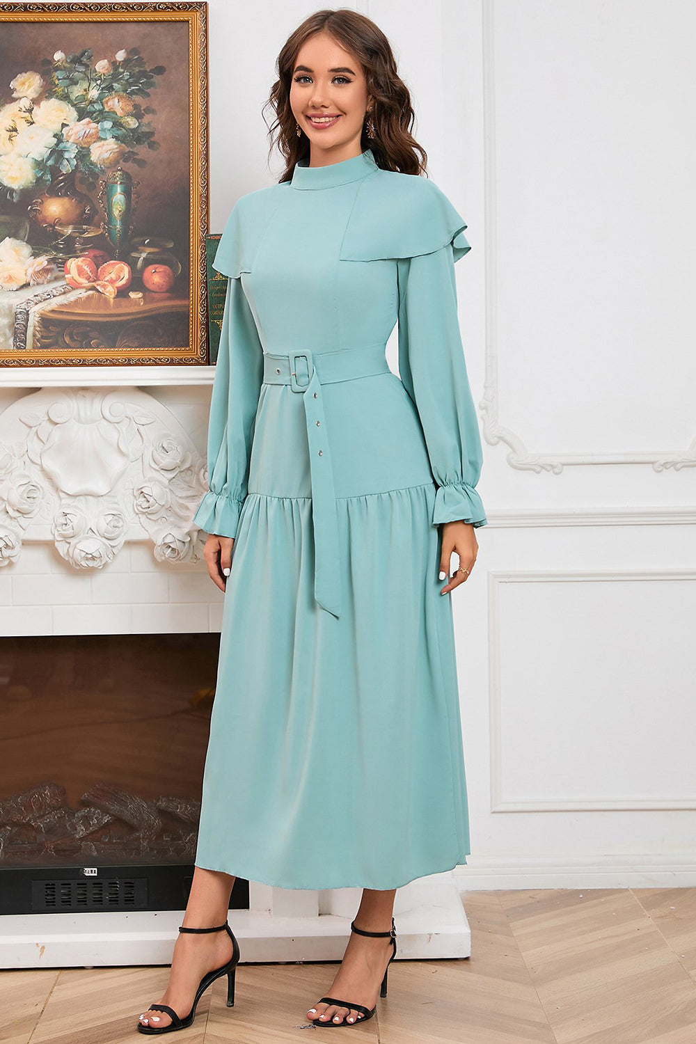 Green A Line Long Sleeves Casual Dress With Belt