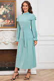 Green A Line Long Sleeves Casual Dress With Belt