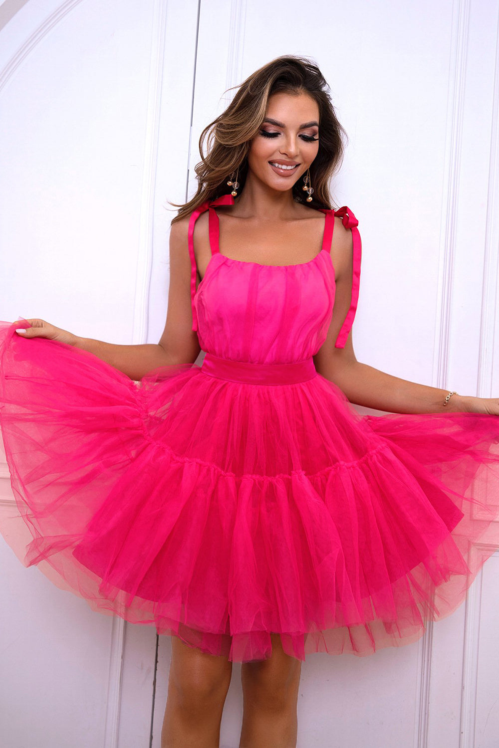 Hot Pink A Line Tulle Cute Short Cocktail Dress