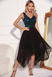 Black Green A-line Sequin Sleeveless Asymmetrical Cocktail Dress