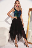 Black Green A-line Sequin Sleeveless Asymmetrical Cocktail Dress