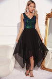 Black Green A-line Sequin Sleeveless Asymmetrical Cocktail Dress