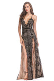 Black A-Line Deep V-Neck Spaghetti Strap Long Evening Party Dress