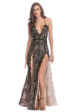 Black A-Line Deep V-Neck Spaghetti Strap Long Evening Party Dress