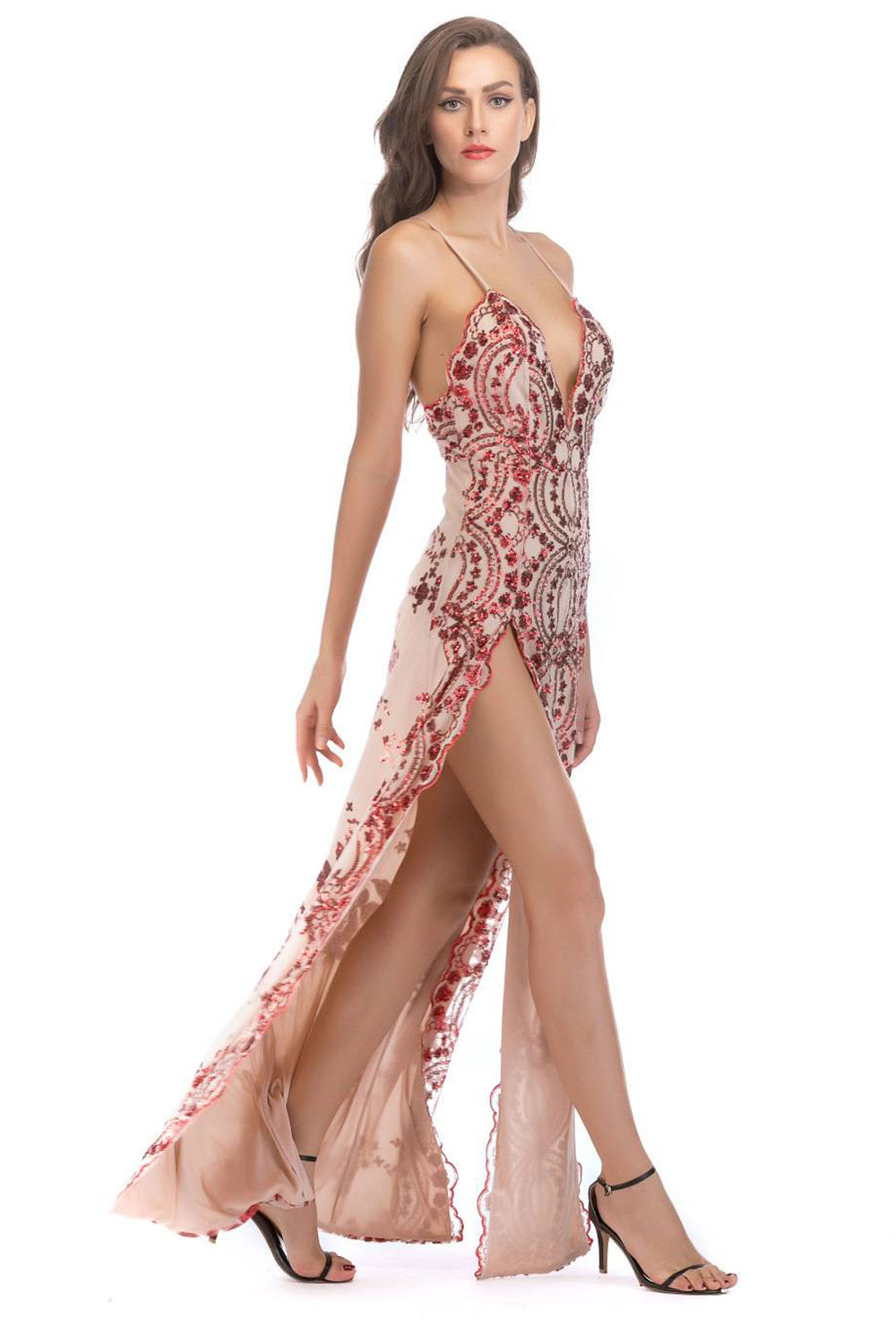 Black A-Line Deep V-Neck Spaghetti Strap Long Evening Party Dress