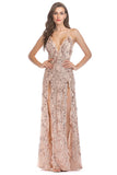 Black A-Line Deep V-Neck Spaghetti Strap Long Evening Party Dress