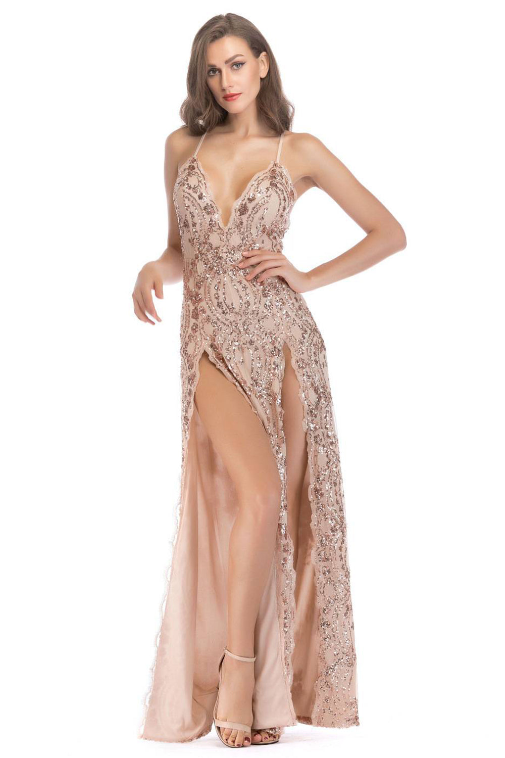 Black A-Line Deep V-Neck Spaghetti Strap Long Evening Party Dress