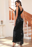 Black Mermaid V-Neck Sequin Sleeveless Long Evening Party Dress
