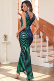 Black Mermaid V-Neck Sequin Sleeveless Long Evening Party Dress