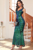 Black Mermaid V-Neck Sequin Sleeveless Long Evening Party Dress