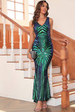 Black Mermaid V-Neck Sequin Sleeveless Long Evening Party Dress