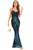 Black Bodycon Spaghetti Strap Sequins Backless Long Evening Dress