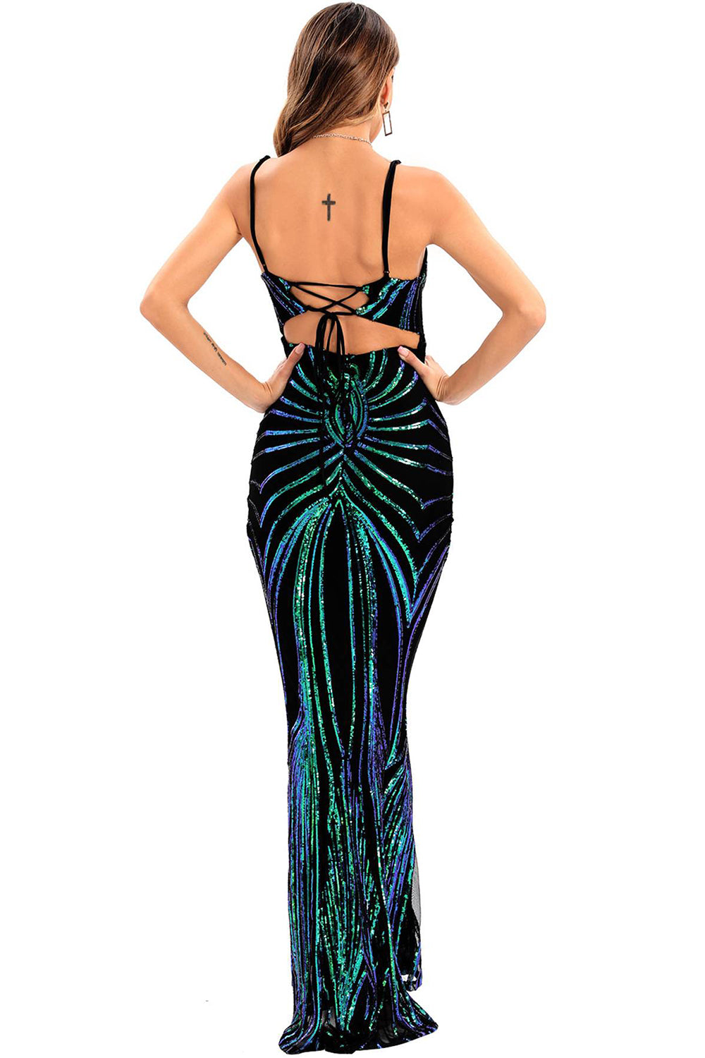 Black Bodycon Spaghetti Strap Sequins Backless Long Evening Dress