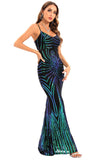 Black Bodycon Spaghetti Strap Sequins Backless Long Evening Dress