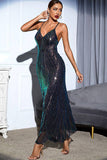 Black Spaghetti Strap Sequin Backless V-Neck Long Evening Dress