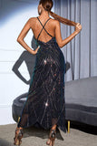 Black Spaghetti Strap Sequin Backless V-Neck Long Evening Dress