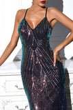 Black Spaghetti Strap Sequin Backless V-Neck Long Evening Dress