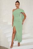 Green One Shoulder Bodycon Long Cocktail Dress With Slit