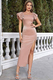 Blush Square Neck Cap Sleeves Bodycon Long Party Dress With Slit