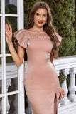 Blush Square Neck Cap Sleeves Bodycon Long Party Dress With Slit