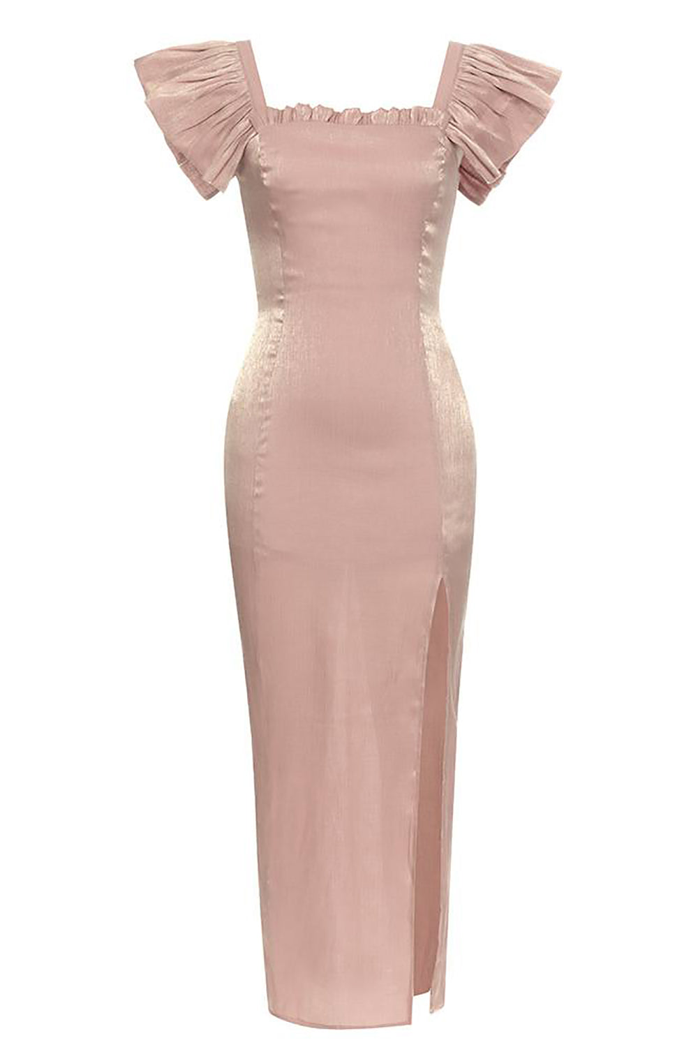 Blush Square Neck Cap Sleeves Bodycon Long Party Dress With Slit