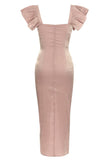 Blush Square Neck Cap Sleeves Bodycon Long Party Dress With Slit