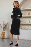 Black Bodycon Velvet Midi Holiday Party Dress With  Long Sleeves