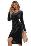 Black Bodycon Velvet Midi Holiday Party Dress With  Long Sleeves