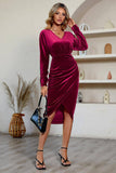 Black Bodycon Velvet Midi Holiday Party Dress With  Long Sleeves