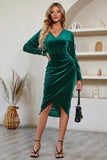 Black Bodycon Velvet Midi Holiday Party Dress With  Long Sleeves