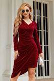 Dark Green V-Neck Long Sleeves Holiday Party Dress with Pleated