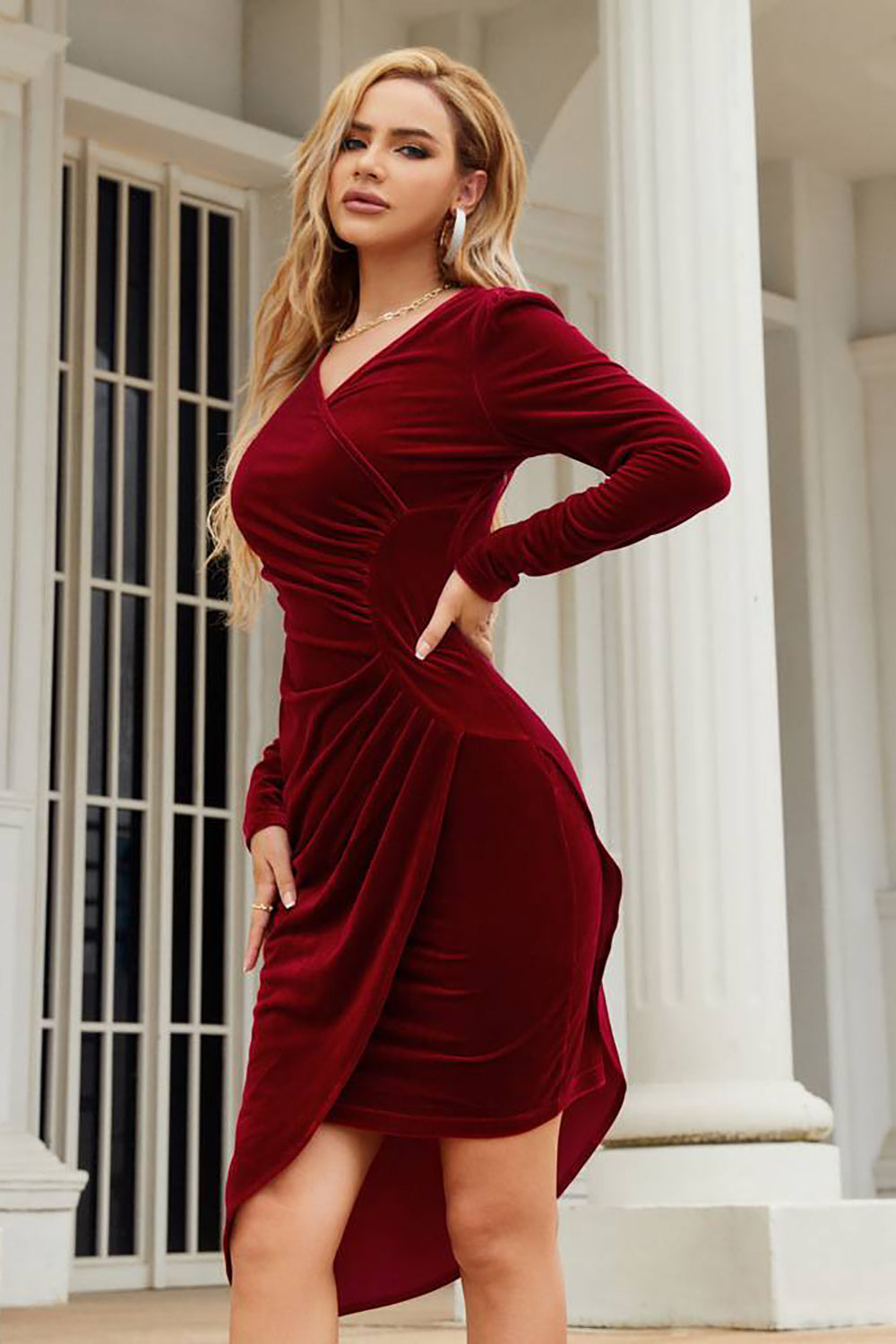 Dark Green V-Neck Long Sleeves Holiday Party Dress with Pleated