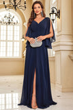 Navy Bat Sleeves Chiffon Long Formal Dress with Slit