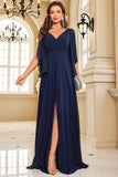 Navy Bat Sleeves Chiffon Long Formal Dress with Slit